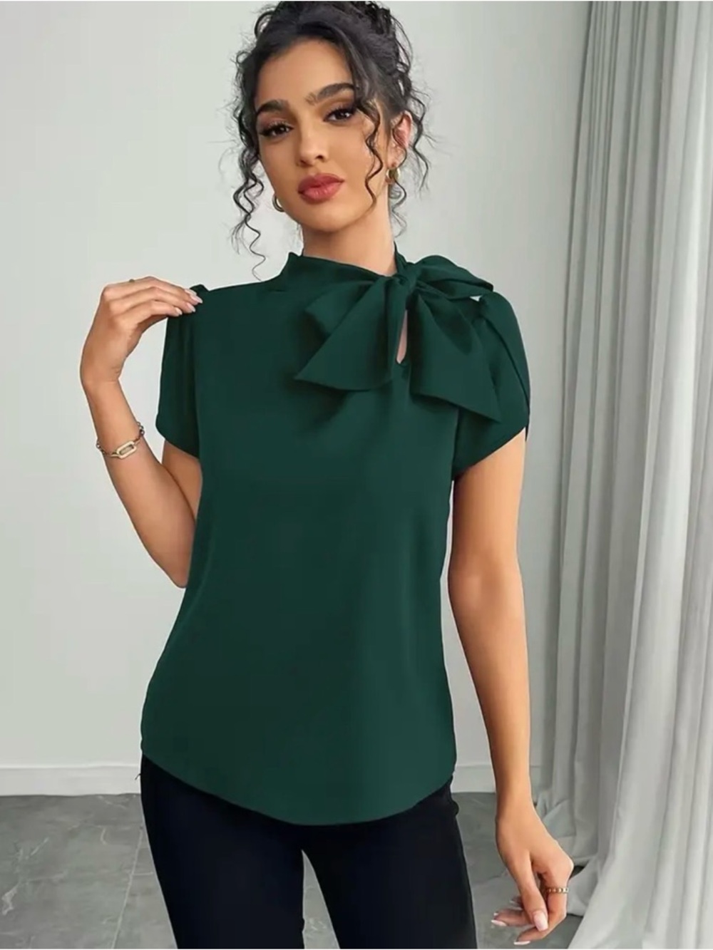 Elegant Tie-Neck Short Sleeve Blouse in Forest Green